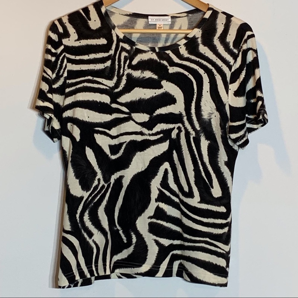 NWOT St John Sport Zebra Print Rhinestone Embellished‎ Super Soft Blouse